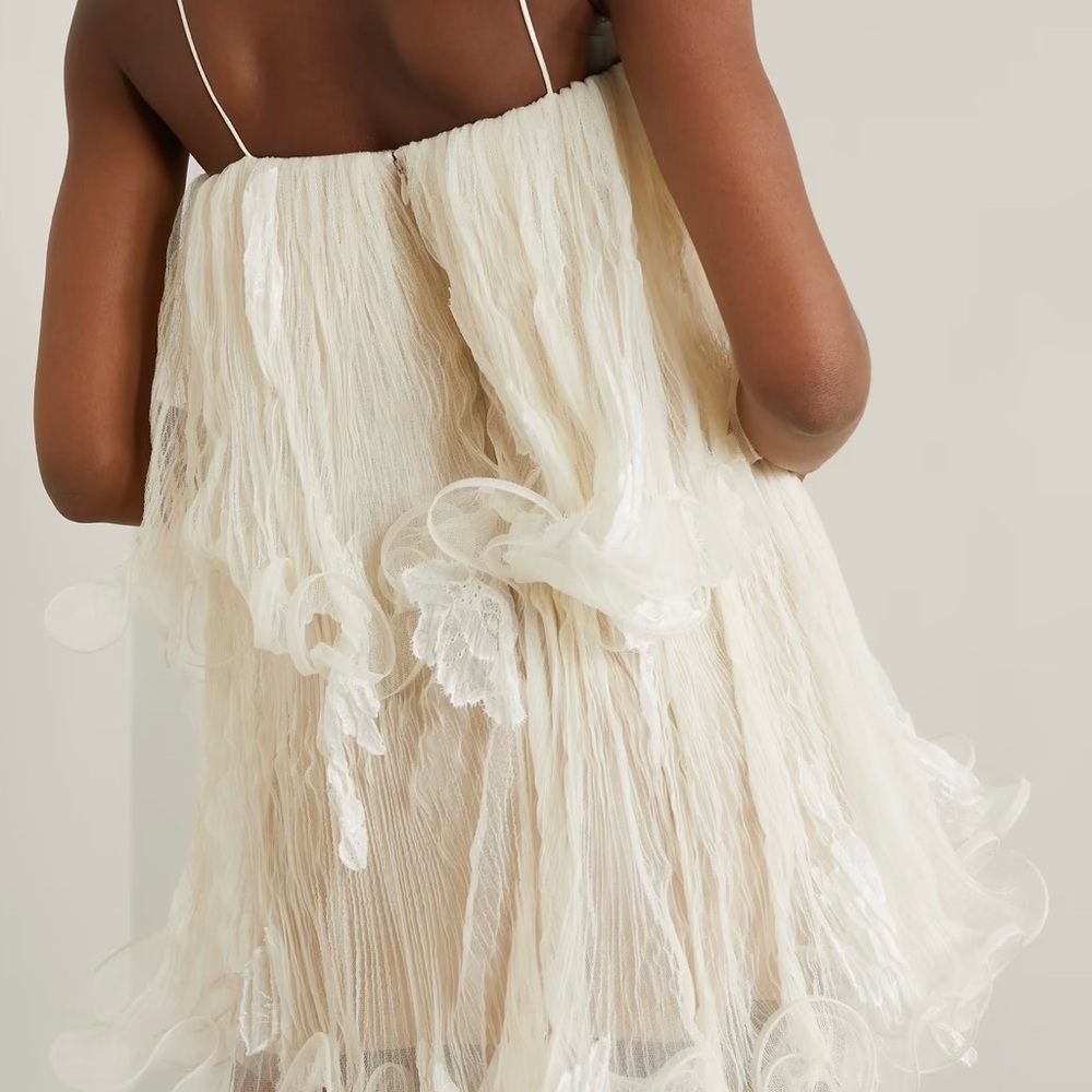 Danielle Frankel New Wendell Tiered Ruffled Lace Tulle Mini Dress Ivory Size 4 - Picture 2 of 11